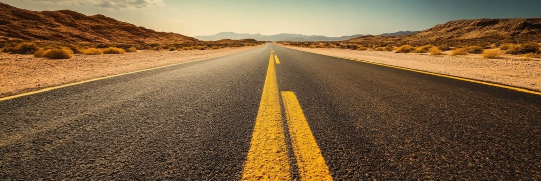 A long empty asphalt road extends through a stark, barren landscape, framed by mountains in the distance under a bright blue sky at twilight
