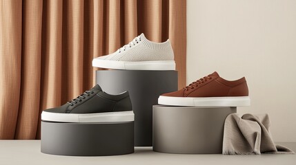 Elegant sneakers featuring tapestry and leather accents are showcased on matching podiums, complemented by an open scarf for a cohesive, stylish presentation