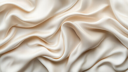 Fototapeta premium Cream-colored satin fabric with smooth, flowing folds. Close-up texture for textile and interior design.