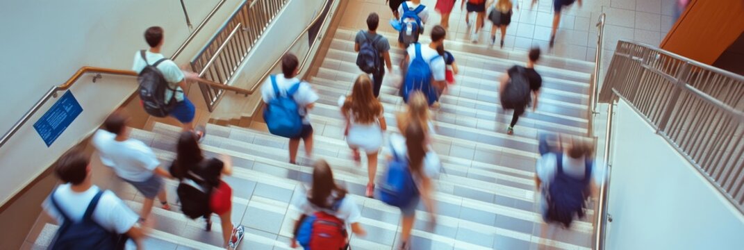 Students are energetically climbing a staircase, engaged in conversations and carrying backpacks while moving between classes in a busy high school setting