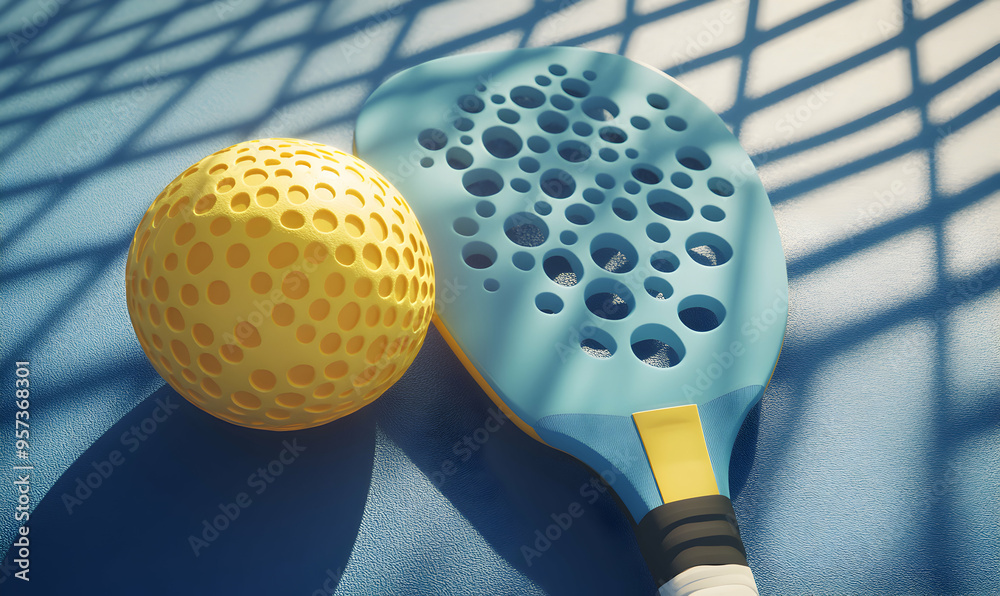 Wall mural Close-up of a blue and yellow paddle ball racket and ball, set against a blue background with shadows.