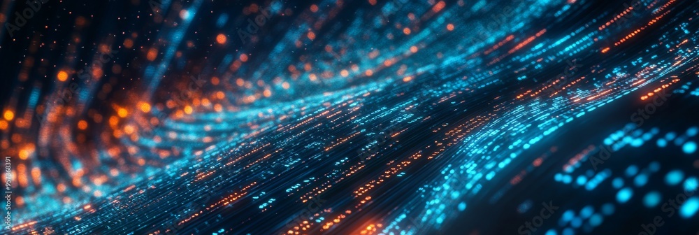 Poster an abstract data representation shows interconnected nodes with a dynamic flow of blue and orange li