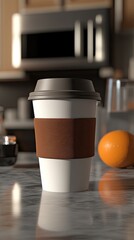 A coffee cup with a white lid and brown sleeve rests on a wooden table in a contemporary cafe, featuring a stylish, blurred backdrop and cozy atmosphere