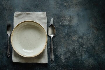 Empty plate, fork and spoon on a napkin. Perfect for food photography, showing off delicious meals.