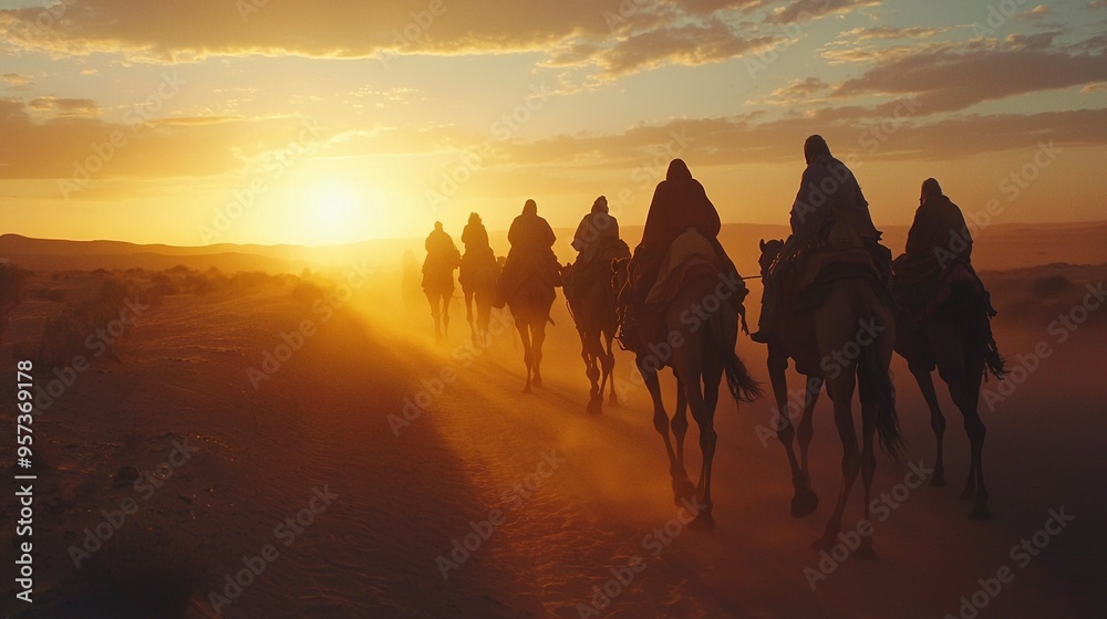 Poster   A group of people riding on horseback through the desert at sunset or sunrise