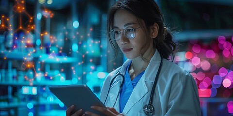 Female doctor using a tablet with digital data visualizations in a futuristic medical environment