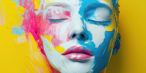 Obraz premium Vibrant expression: colorful face art on yellow canvas background