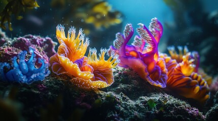 Obraz premium A vibrant cluster of sea anemones perched atop a seaweed-draped aquarium