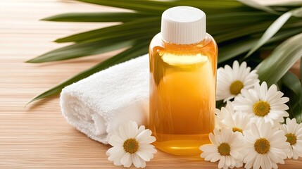 A calming composition featuring a bottle of yellow liquid, a soft towel, and small daisies against a wooden backdrop, creating a serene atmosphere