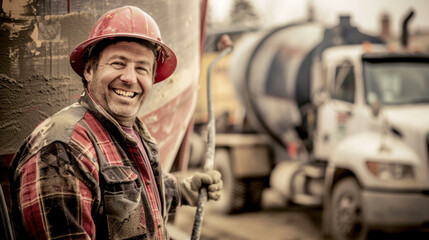 Fototapeta premium Smiling Construction Worker in Plaid Shirt Standing By a Concrete Mixer Truck on a Construction Site. Concept of hardworking professionals, manual labor, construction industry