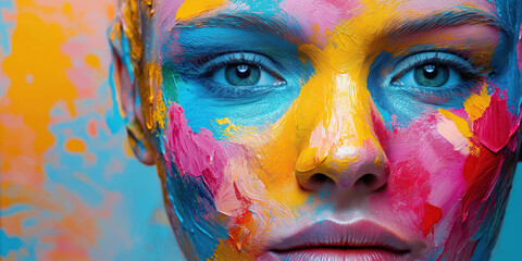 Obraz premium Vibrant portrait with colorful paint strokes on face in artistic expression