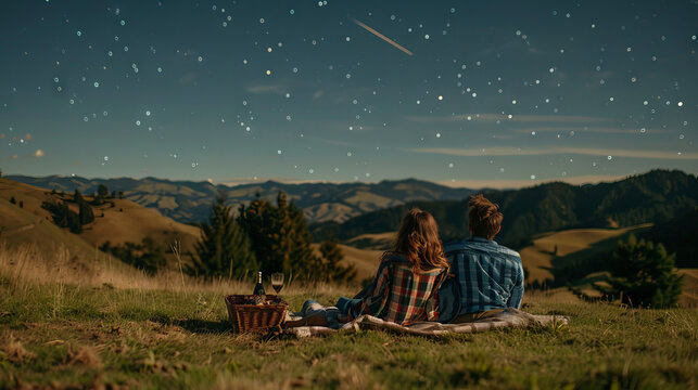 Romantic couple enjoying a picnic under starry night sky in a grassy field. Concept of romance, nature relaxation, outdoor evening