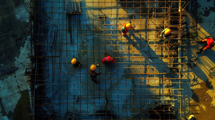 Construction Workers Collaborating on Building Site at Sunset. Concept of teamwork, construction industry, and urban development. Top view