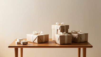 wooden table with many gift boxes