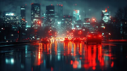 Obraz premium Night cityscape with car lights and reflections