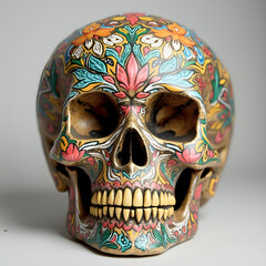 A sugar skull designed to mimic a human skull decorated with colorful patterns and floral motifs in vibrant colors
