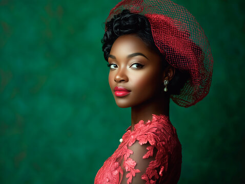 Young black woman in red vintage style outfit. AI generative