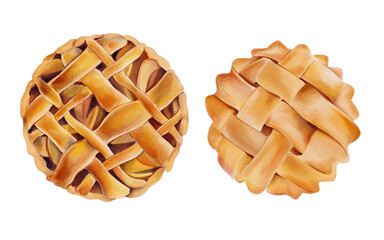 Set of 2 watercolor apple pies. Baked pastry illustration. Halloween. Thanksgiving. Isolated clip art for menu,  recipes, cards. 