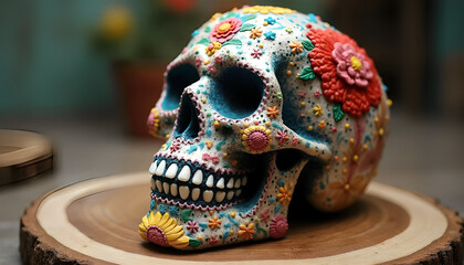 A sugar skull designed to mimic a human skull decorated with colorful patterns and floral motifs in vibrant colors
