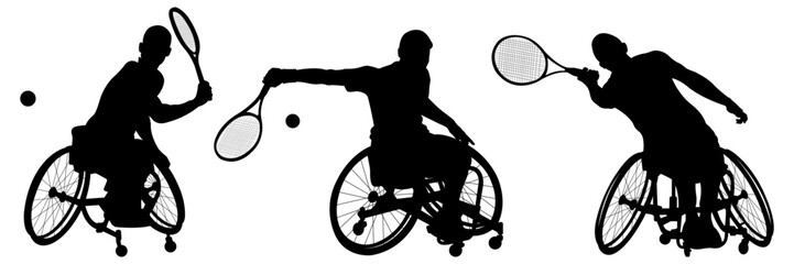 Disabled person in wheelchair playing tennis.Set of silhouettes of tennis players with disabilities.Concept of adaptive sport.Vector illustration.