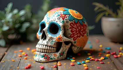 A sugar skull designed to mimic a human skull decorated with colorful patterns and floral motifs in vibrant colors
