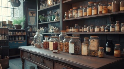 Old-fashioned apothecary with glass jars