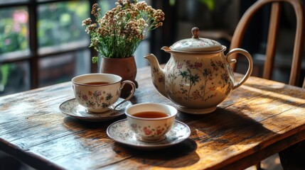 Fototapeta premium Old-fashioned tea set on a wooden table