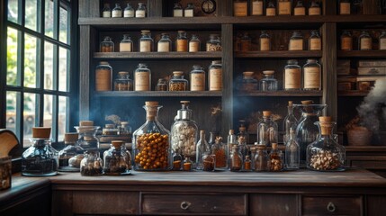 Obraz premium Old-fashioned apothecary with glass jars