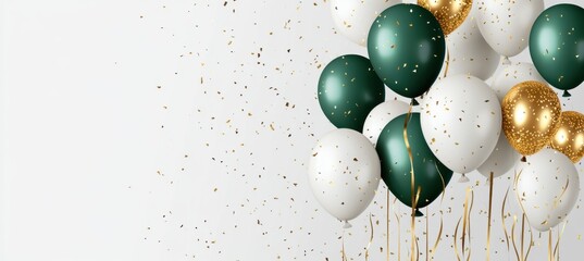 celebration background with green and white balloons, golden ribbons on a light grey background Generative AI
