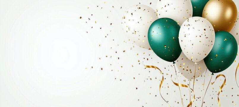 Green and white balloons with golden ribbons on a light background  Birthday party decoration, celebration, or holiday banner design template Generative AI