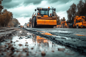 Building new highway road machinery busy working