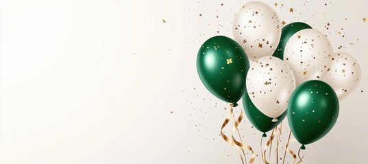Green and white balloons with golden ribbons on a light background celebration banner or greeting card design Generative AI