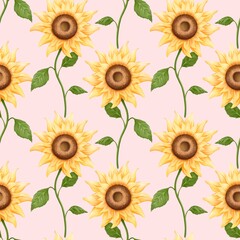 Seamless pattern watercolor yellow sunflowers, green leaves . Beautiful sunHarvest time, agriculture, farming. Mock-up for packaging design, print for textile or wallpaper.