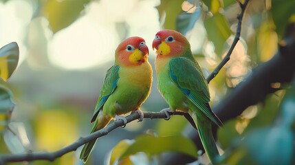 Fototapeta premium Two birds perched together on a tree branch in front of a fuzzy leafy background
