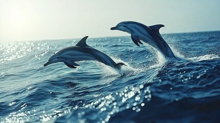 Fototapeta premium Two dolphins leap from the sea beneath a vivid blue sky and catch the golden rays of the sun