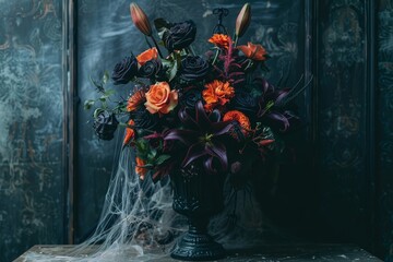Dark floral arrangement with black and orange roses in gothic vase