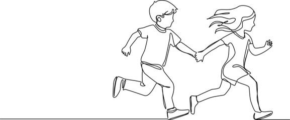 continuous single line drawing of boy and girl running hand in hand, line art vector illustration