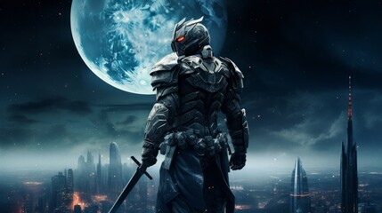 Fototapeta premium Magic knight superhero with sword on cliff with city on background at night. Neural network ai generated art