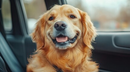 Golden Retriever dog in a car. This image can be used for websites and articles about dogs, pets, transportation, or road trips.