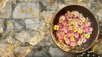   A bowl of pink and yellow flowers sits on a stone wall alongside a pink and yellow flower pot