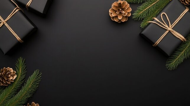 Dark gift boxes are elegantly arranged with gold decorations on a black background, creating a sophisticated atmosphere for Christmas festivities - Powered by Adobe