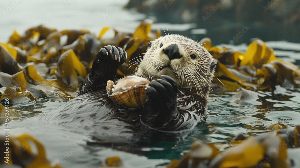 Wall mural   A zoomed-in photo of a sea otter swimming with a shell in its mouth in a body of water