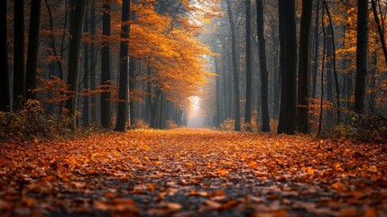 Fototapeta premium Scenic forest path in autumn with fallen leaves
