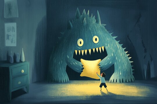 A child confronts a giant, friendly monster holding a pillow, symbolizing bravery and facing fears.