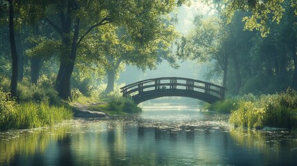 Fototapeta premium Scenic riverbank with a wooden bridge