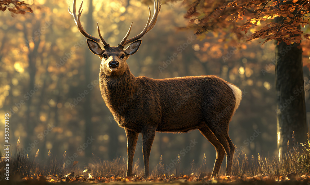 Wall mural majestic deer with large antlers standing in a forest, bathed in warm light.