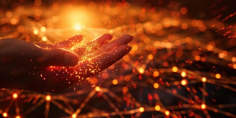 Global network connection being held by hand on a grid pulsating with data transactions symbolizing the fusion of technology and futuristic perspective Each node representing a hub of innova
