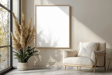 Poster Frame in Beige minimalist living room interior created with generative AI
