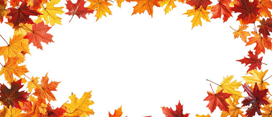Rectangular frame made of small yellow, red, and orange leaves. Place for text