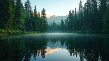 Fototapeta premium Serene lake surrounded by tall trees